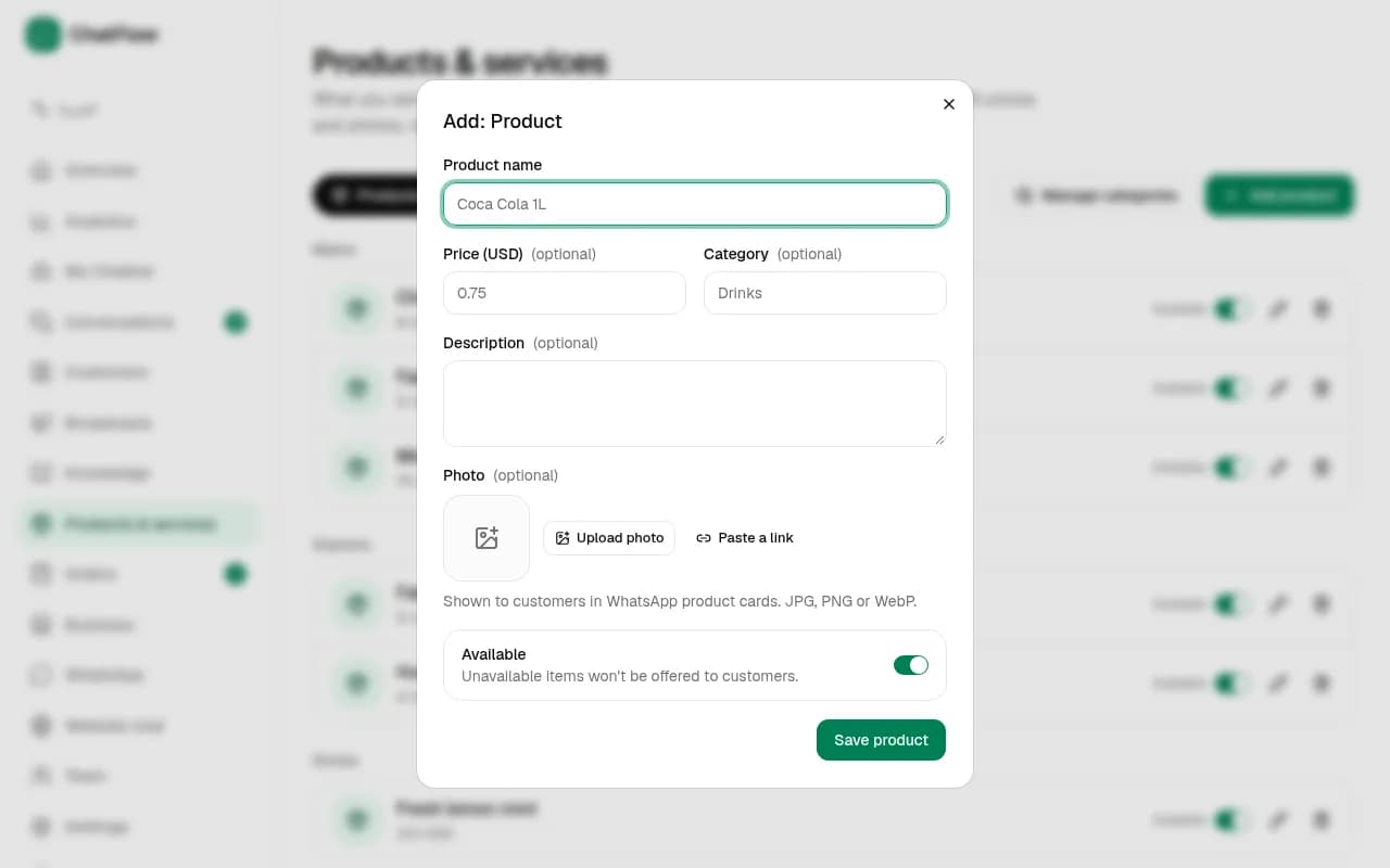 Screenshot: Adding a product