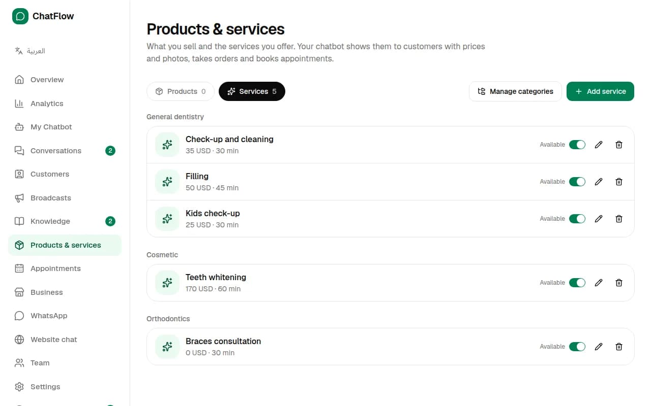 Screenshot: Add your products and services