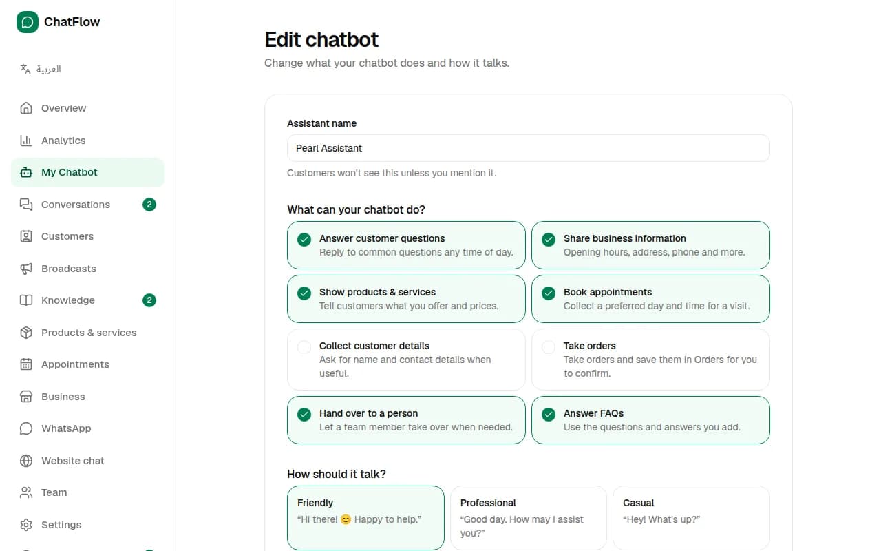 Screenshot: Change how your chatbot behaves