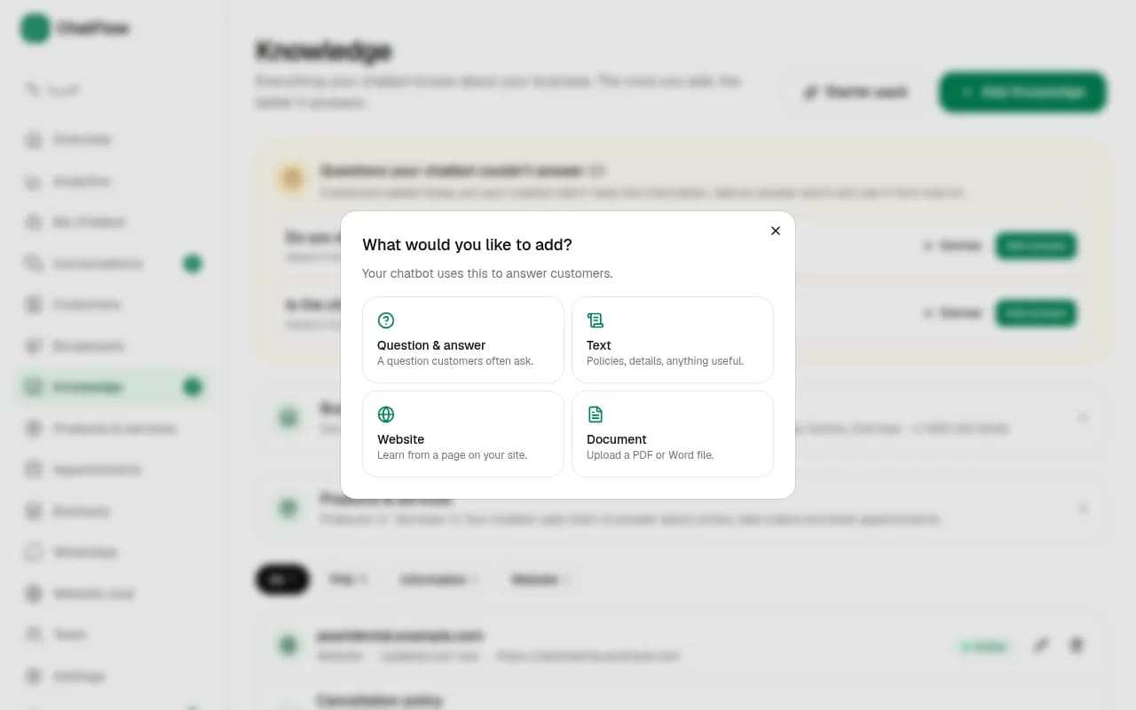Screenshot: Add knowledge