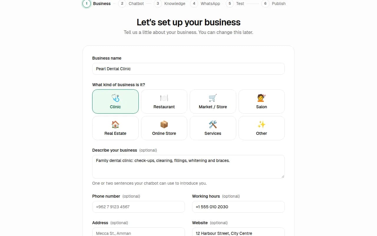 Screenshot: Tell us about your business
