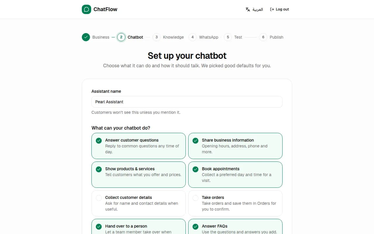 Screenshot: Choose what your chatbot does