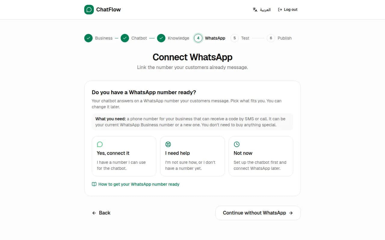Screenshot: Connect WhatsApp (or do it later)