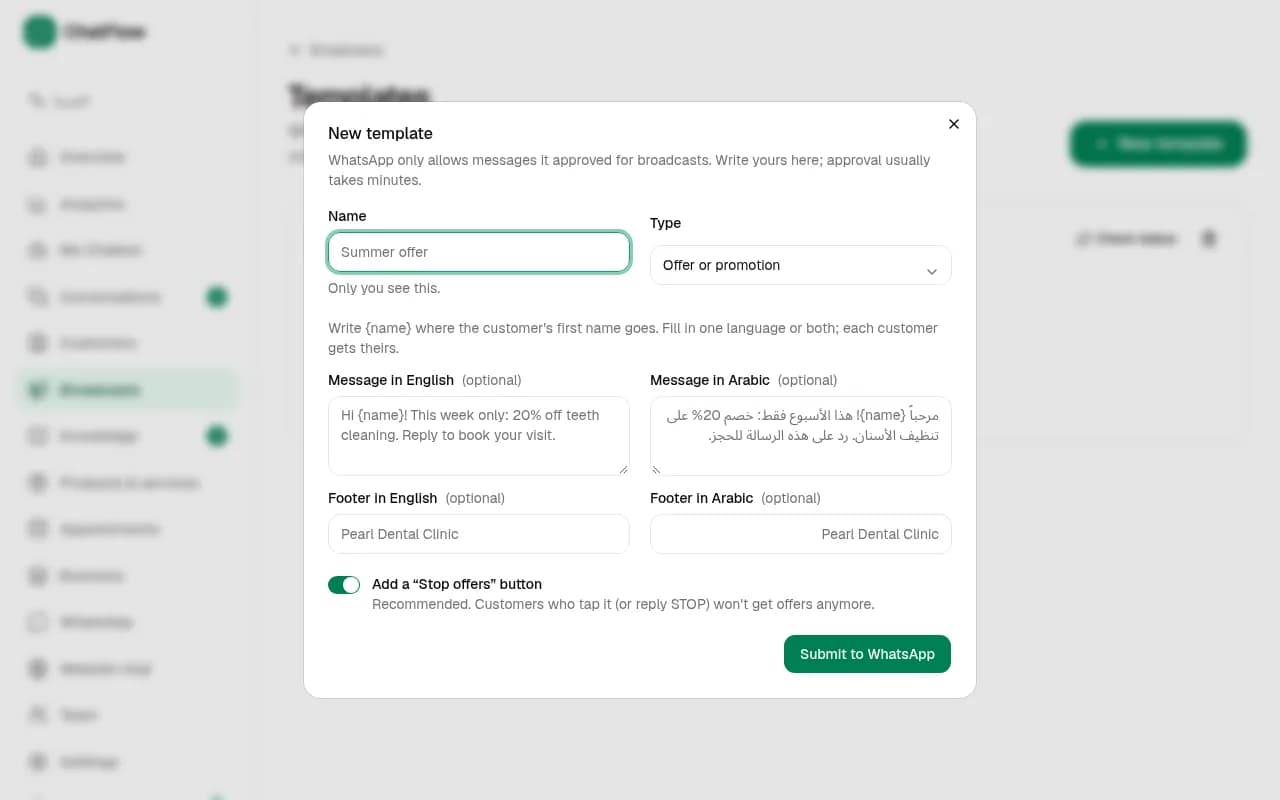 Screenshot: Create a message template